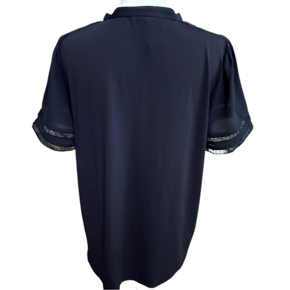 Ann Taylor Lace Trim Blue Short Sleeve Mixed Media Top Blouse. Small. NEW. - Picture 6 of 12